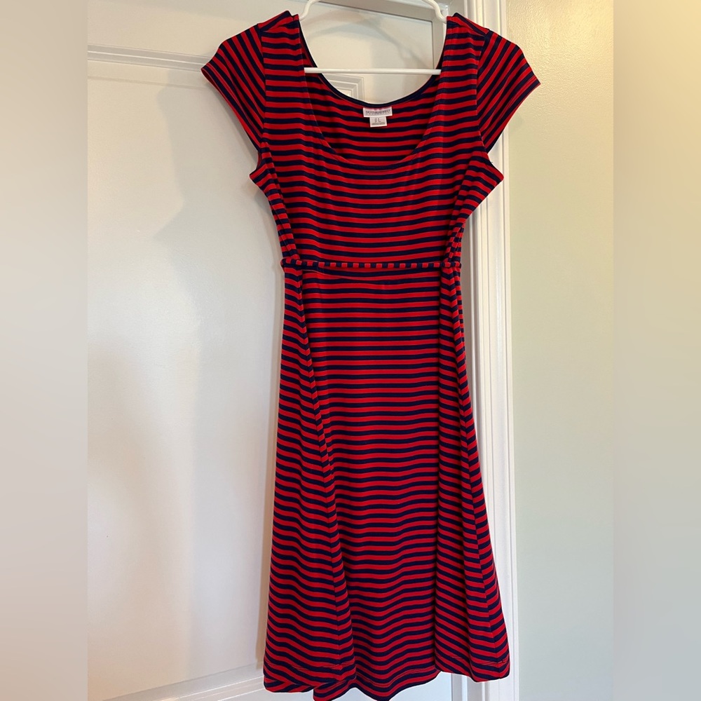 Red and blue stripe maternity dress